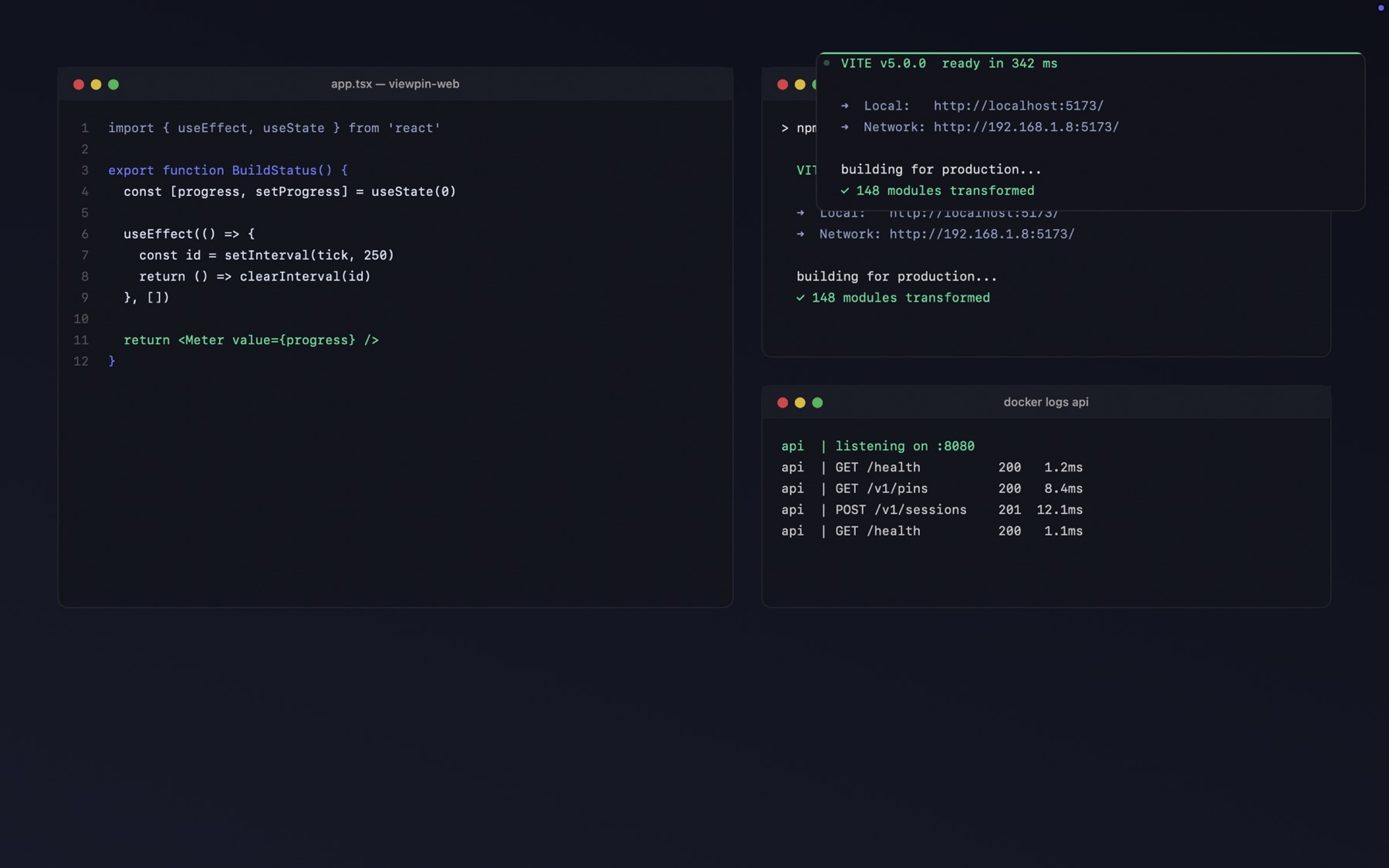 A ViewPin window floating above an editor, showing live build output from the terminal beneath it